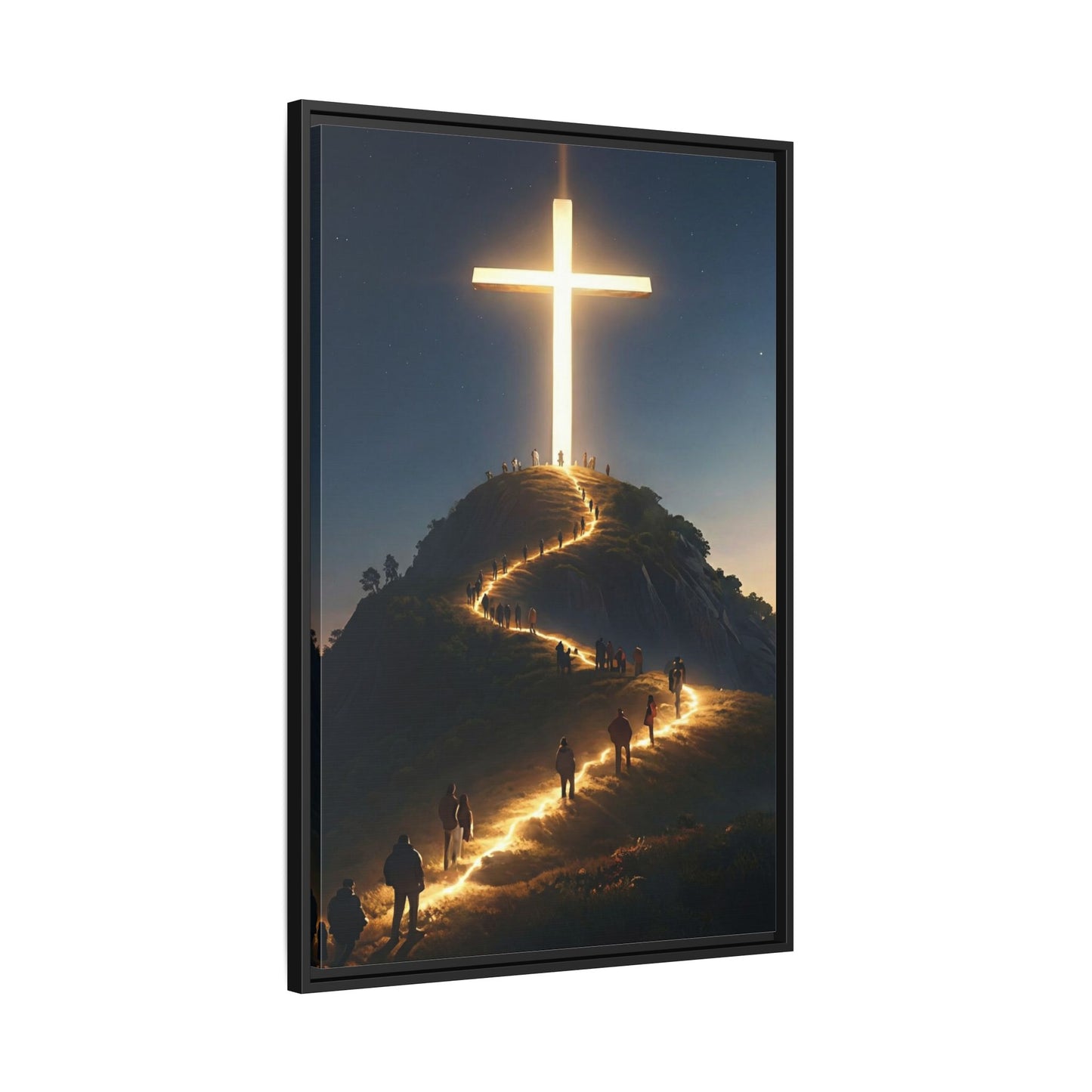 Glowing Cross on the Hill Canvas Wall Art – Christian Faith Inspirational Decor