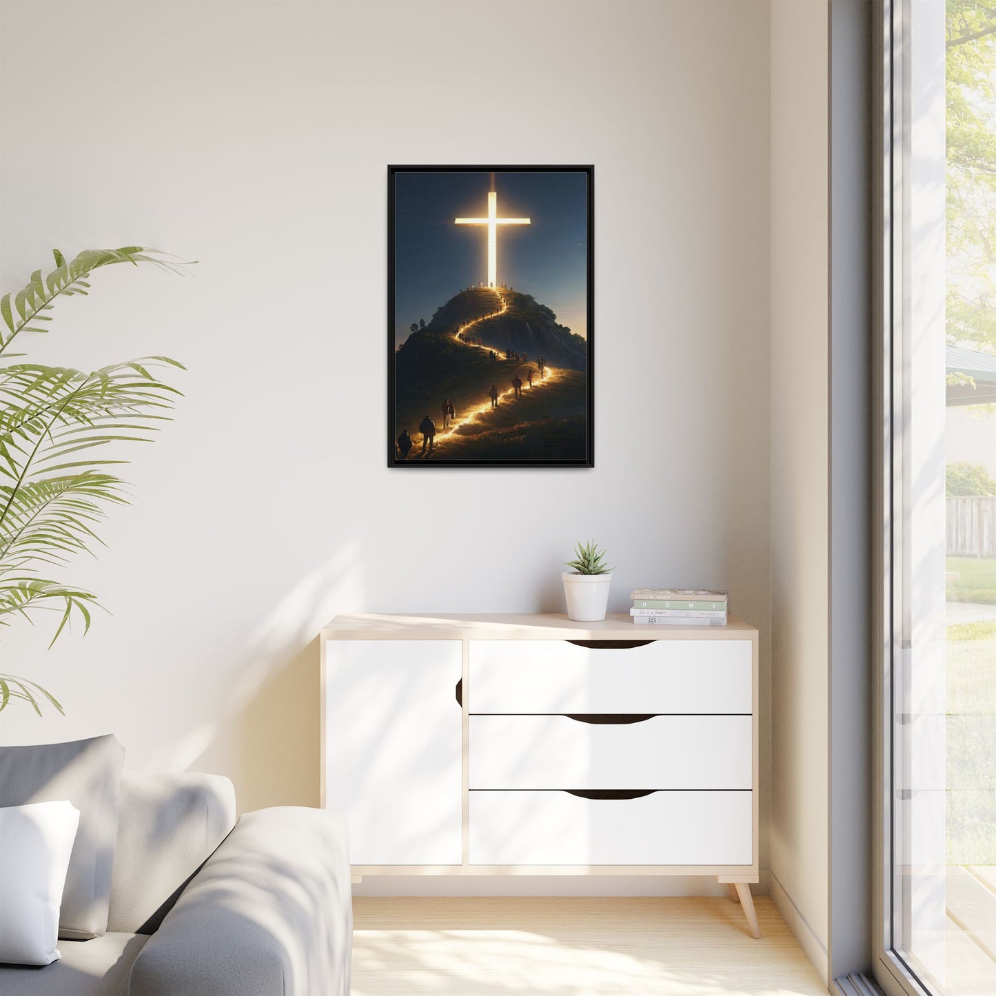 Glowing Cross on the Hill Canvas Wall Art – Christian Faith Inspirational Decor